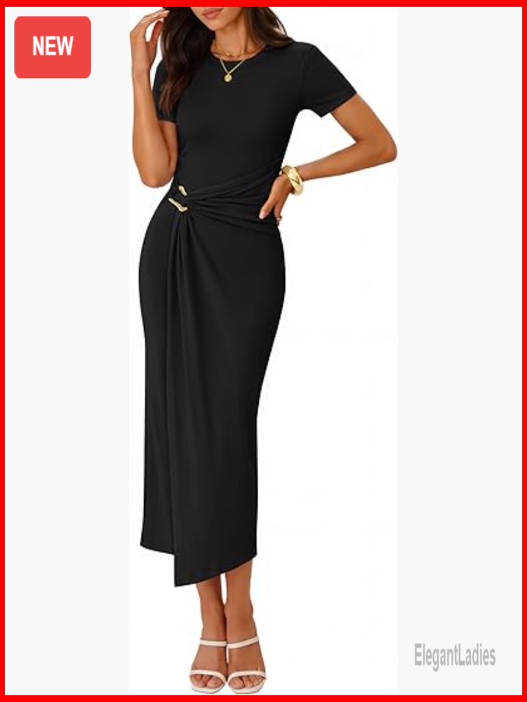 Women's Short Sleeve Bodycon Midi Dress Crewneck Ruched Cocktail Party
